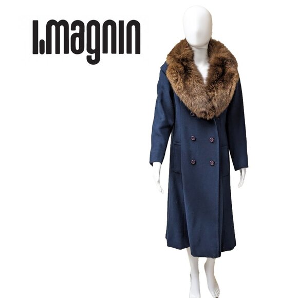 I. MAGNIN/BARON PETERS Vintage Navy Blue Coat w/ Genuine Fox Fur Collar - Picture 1 of 8